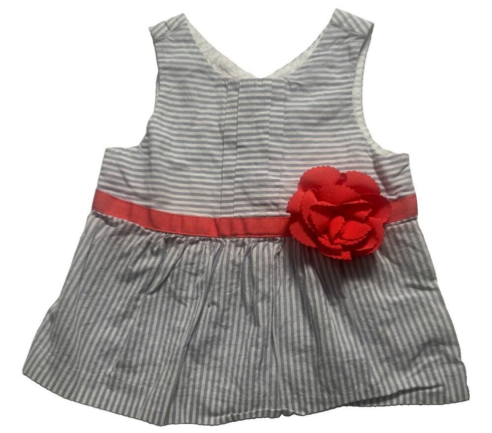 Janie and Jack Girls Blue White Stripe Dress Coral Flower 18-24 Months Cotton